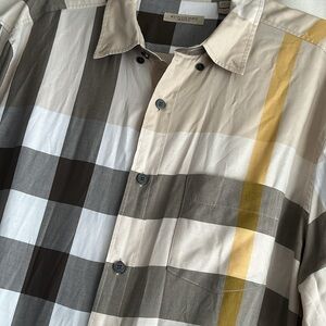 Burberry Long Sleeve Button Down Plaid Shirt Gray Yellow Tan White XL